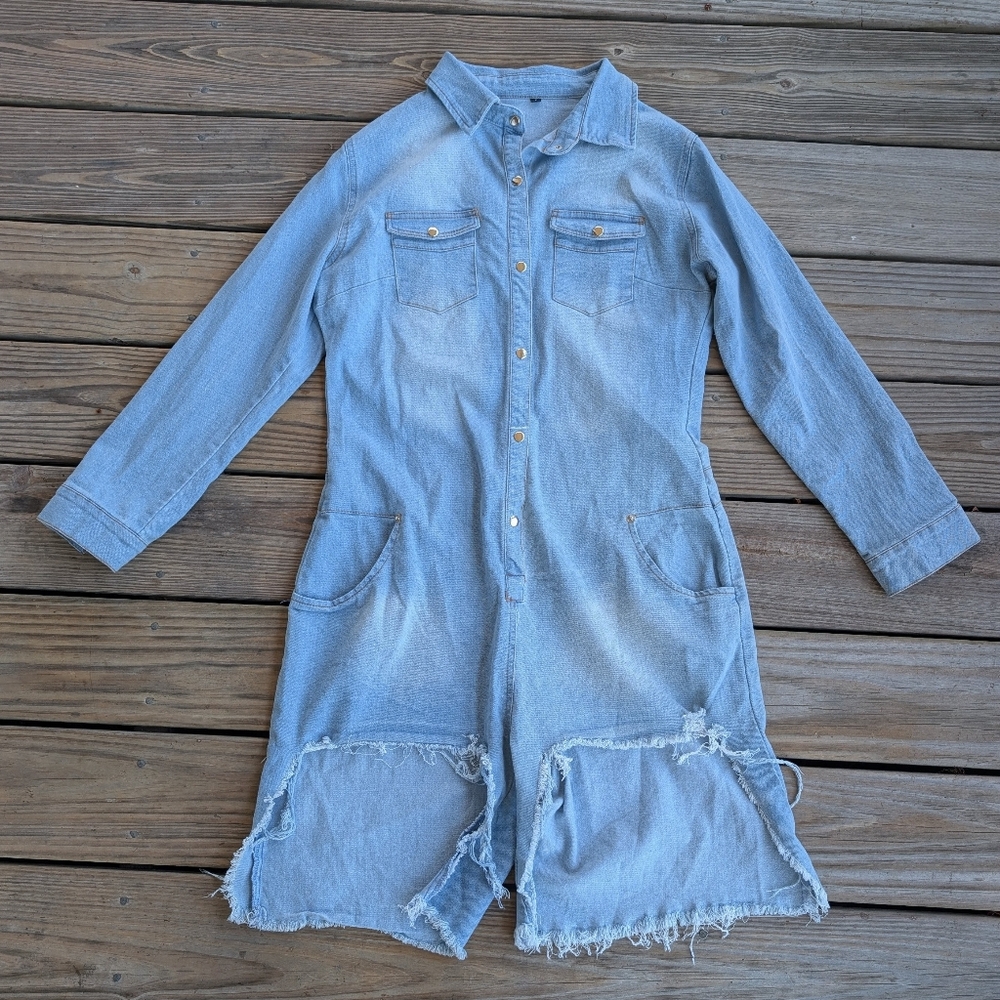 Denim Long-Sleeve Button-Up Shortalls